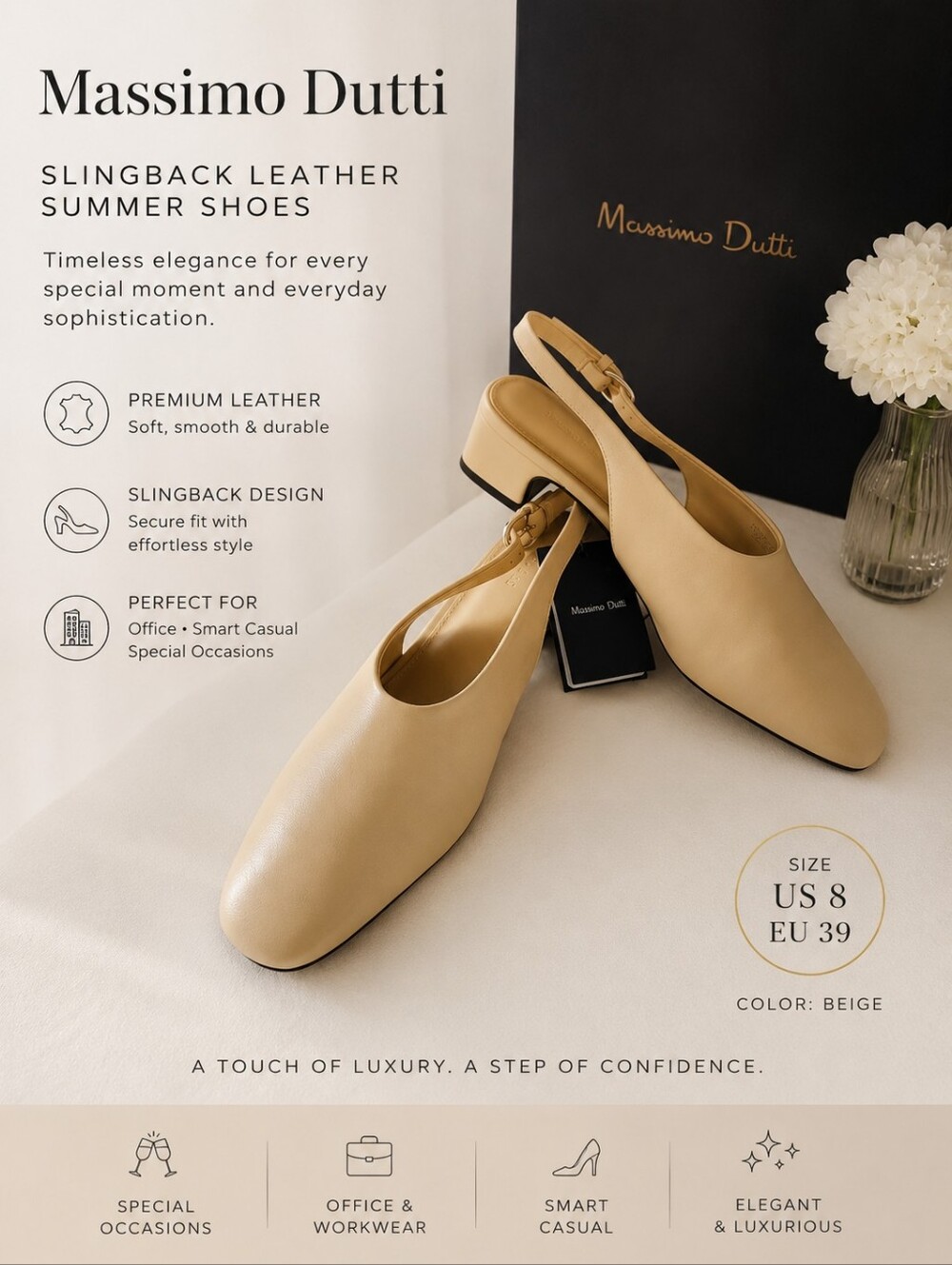 Massimo Dutti Beige Leather Slingback Mules